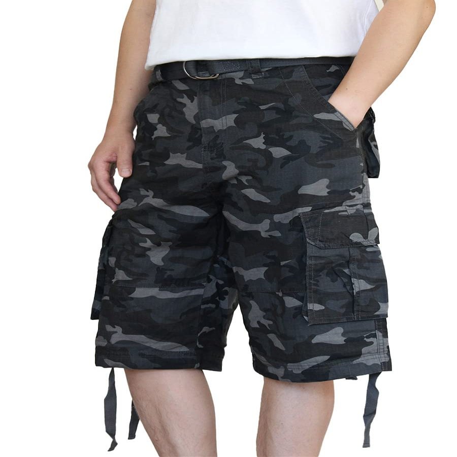 AIRNINE Men's Twill Camo Cargo Shorts with Belt Size 28 to 50 (DK Grey Camo_112, 30)