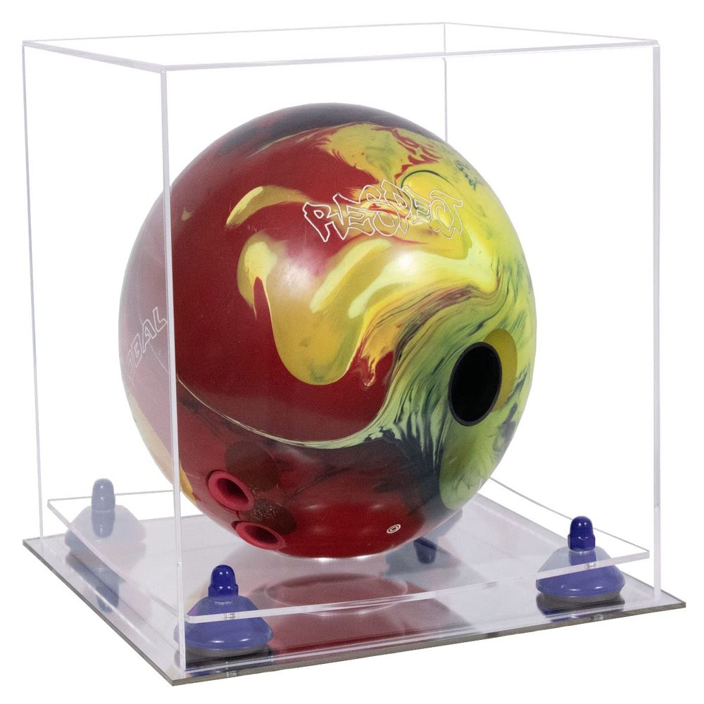 Better Display Cases Clear Acrylic Bowling Ball Display Case with Clear Case, Navy Blue Risers and Mirror Base (B33/A028)