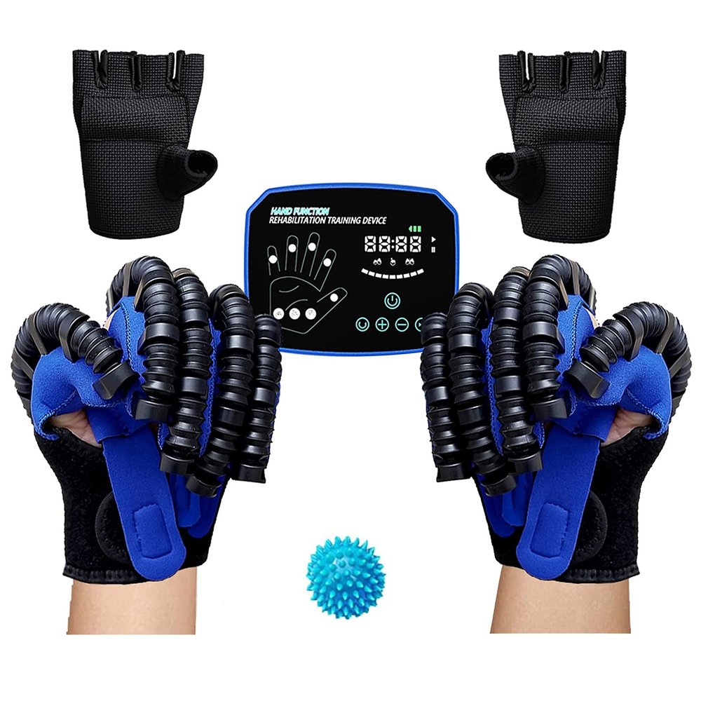 Rehabilitation Robot Gloves,Hemiplegia Finger Glove Rehabilitation Trainer Stroke Recovery Equipment for Hand with Strength Adjust/LCD Display/Touch Keys (Left and Right Hand) (M,Blue)