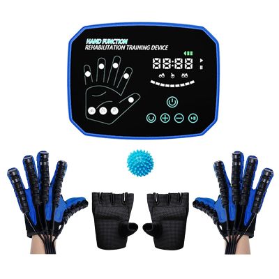 Air Pressure Rehabilitation Both Hands Robot Gloves Automatic Stroke Hemiplegia Finger Trainer - Strength Adjust/LCD Display/Touch Keys/AI Smart Chip (Left and Right Hand) (XL,Blue)