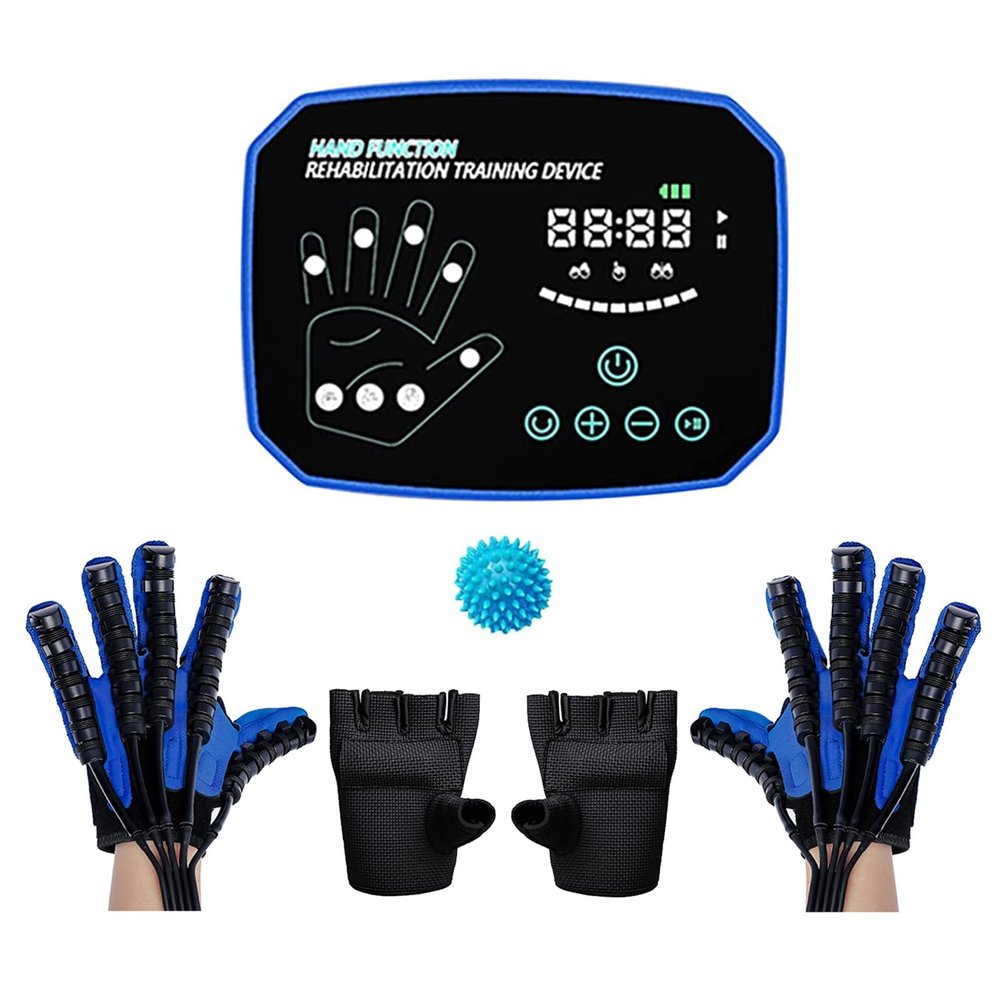Air Pressure Rehabilitation Both Hands Robot Gloves Automatic Stroke Hemiplegia Finger Trainer - Strength Adjust/LCD Display/Touch Keys/AI Smart Chip (Left and Right Hand) (XL,Blue)