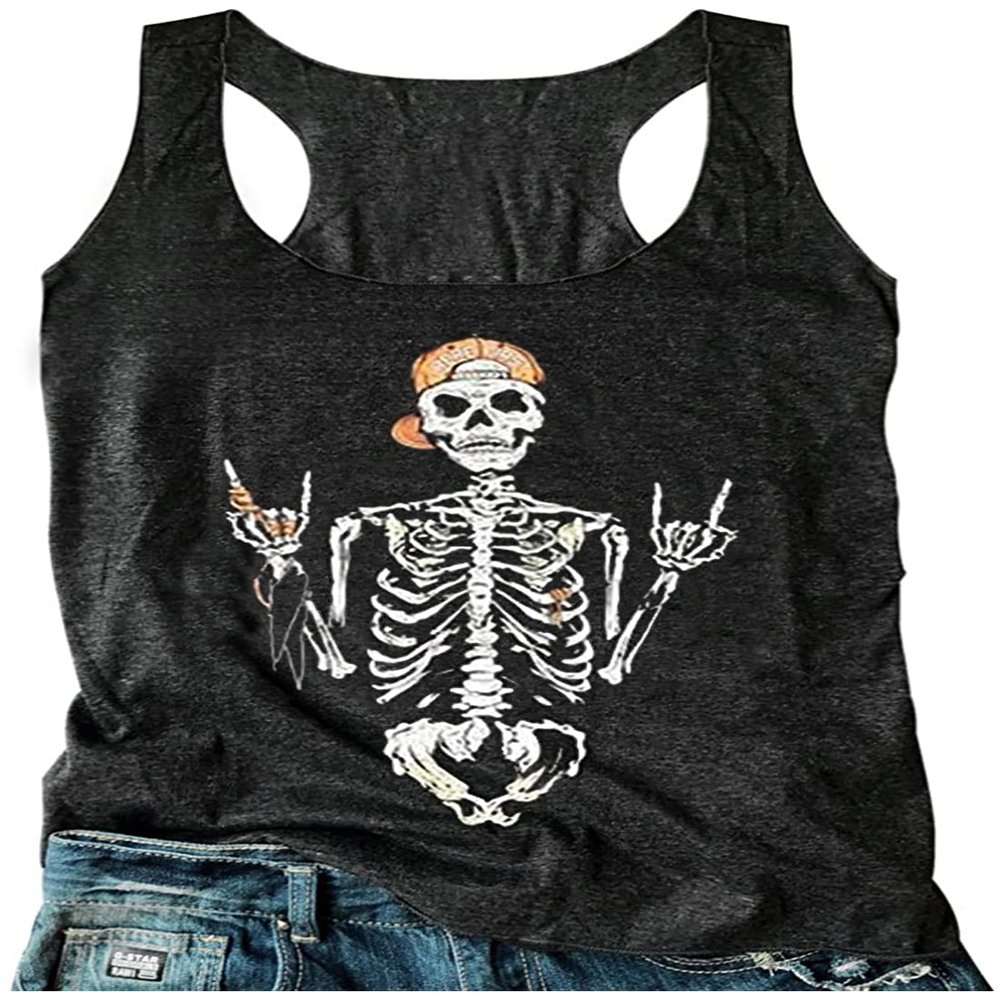Womens Mandala Vintage Graphic Tank Top - Casual Summer Racerback, Loose O-Neck, 2X-Large (Halloween-Skull-Grey)