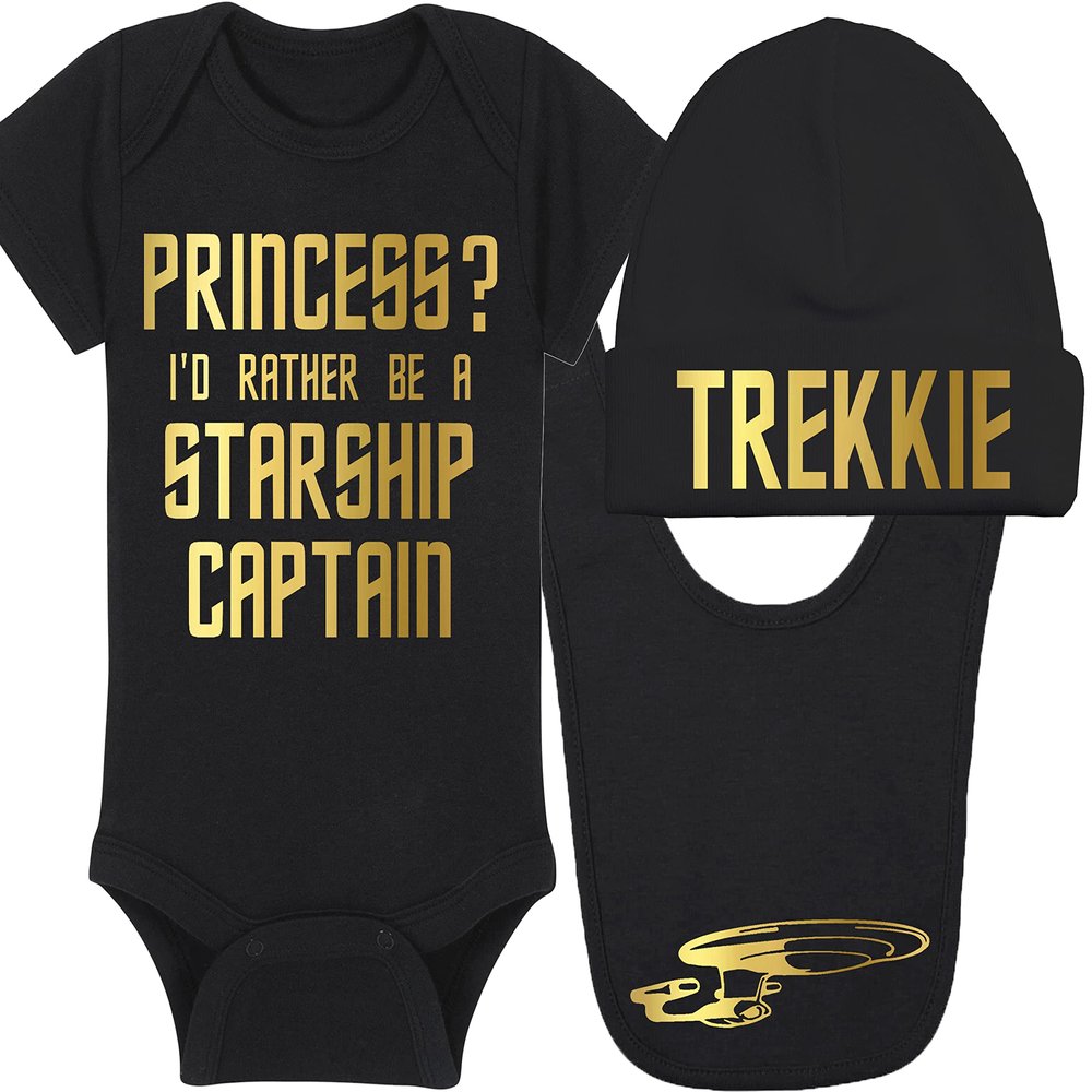 Trekkie Baby Onesie - Princess? I'd Rather Be A Starship Captain (6-12 Month - Black Fabric - Gold Design)
