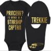 Trekkie Baby Onesie - Princess? I'd Rather Be A Starship Captain (6-12 Month - Black Fabric - Gold Design) view 1