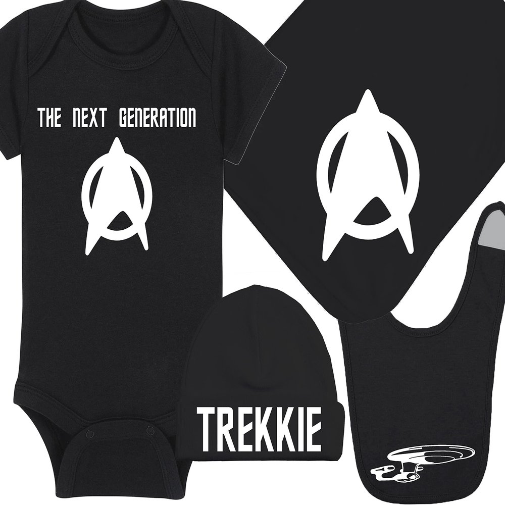 Trekkie Baby Onesie - The Next Generation (12-18 Month - Black Fabric - White Design)