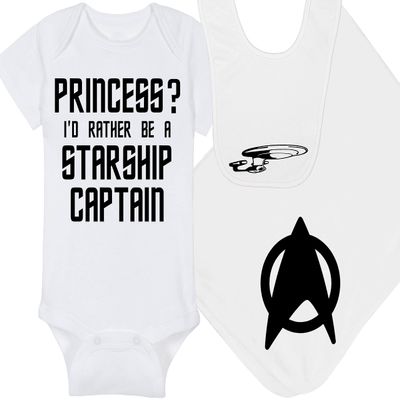 Trekkie Baby Onesie - Princess? I'd Rather Be A Starship Captain (0-3 Month - White Fabric - Black Design)