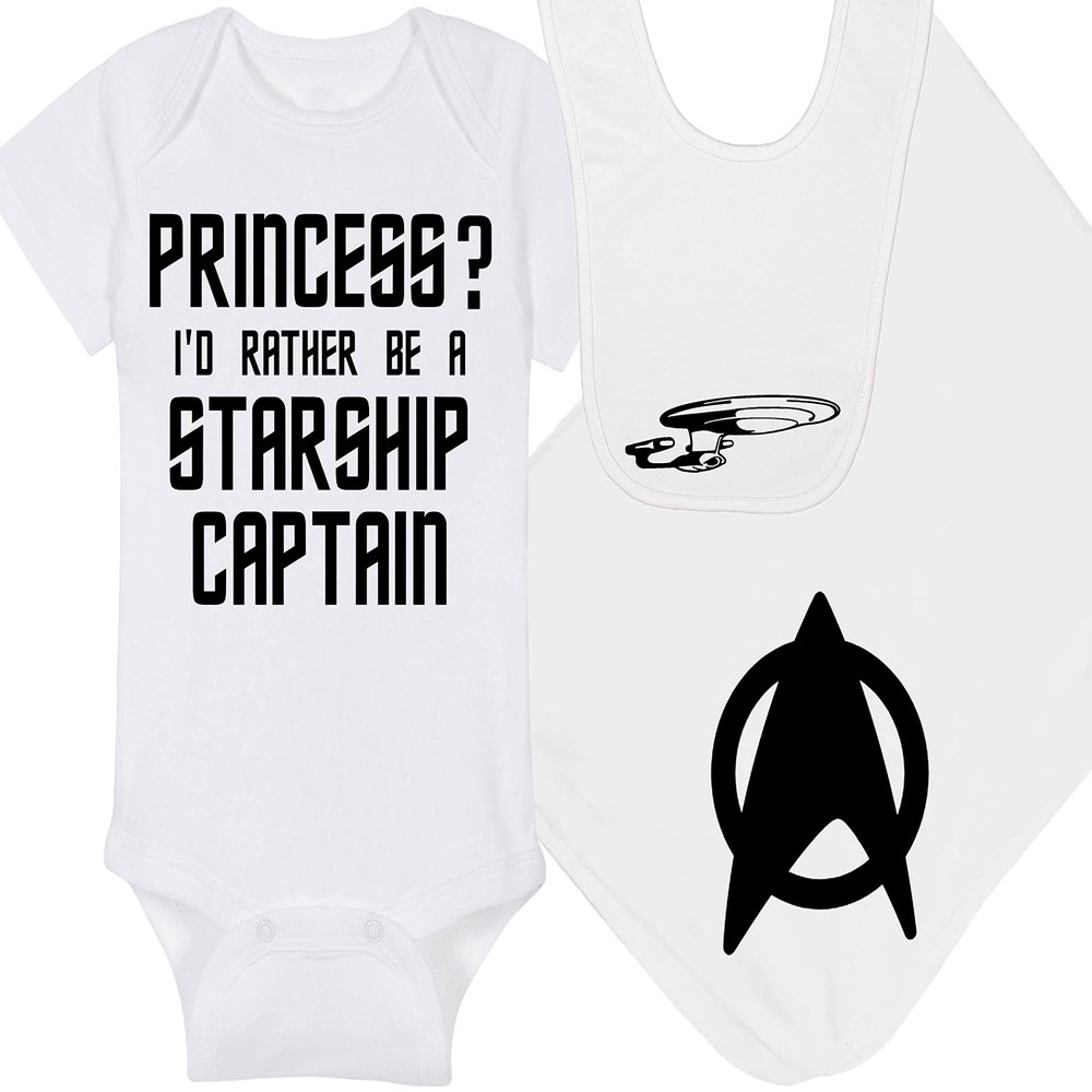Trekkie Baby Onesie - Princess? I'd Rather Be A Starship Captain (0-3 Month - White Fabric - Black Design)