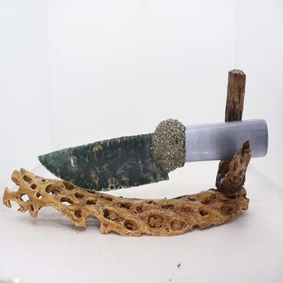 Flint Knapped Green Agate Knife Blade using Pressure Flake Techniques Hafted on Polished White Fiber Optic Glass Handle Using Crushed Pyrite-Includes Desert Cholla Cactus Wood Stand