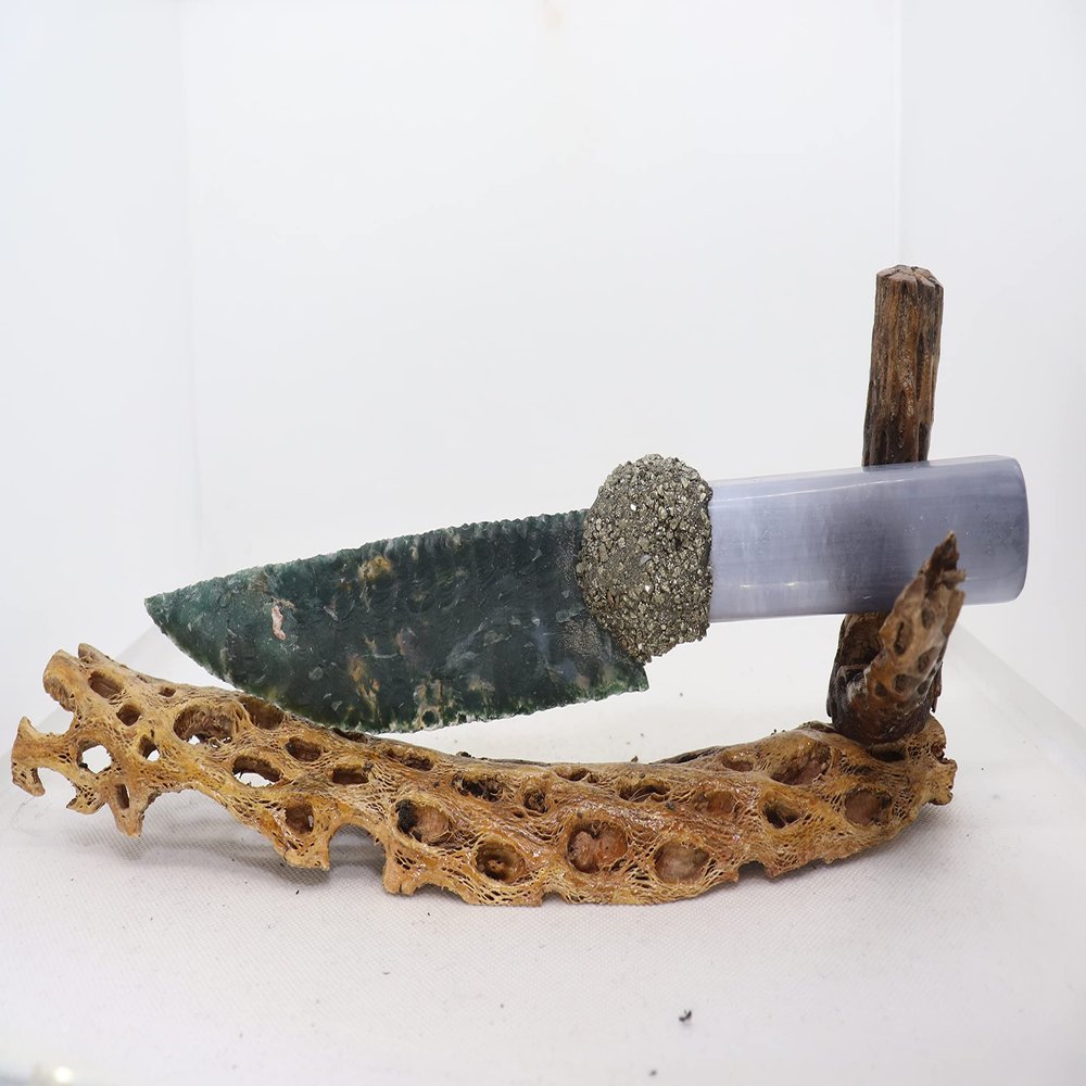 Flint Knapped Green Agate Knife Blade using Pressure Flake Techniques Hafted on Polished White Fiber Optic Glass Handle Using Crushed Pyrite-Includes Desert Cholla Cactus Wood Stand