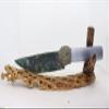 Flint Knapped Green Agate Knife Blade using Pressure Flake Techniques Hafted on Polished White Fiber Optic Glass Handle Using Crushed Pyrite-Includes Desert Cholla Cactus Wood Stand view 1