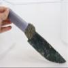 Flint Knapped Green Agate Knife Blade using Pressure Flake Techniques Hafted on Polished White Fiber Optic Glass Handle Using Crushed Pyrite-Includes Desert Cholla Cactus Wood Stand view 2