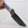 Flint Knapped Green Agate Knife Blade using Pressure Flake Techniques Hafted on Polished White Fiber Optic Glass Handle Using Crushed Pyrite-Includes Desert Cholla Cactus Wood Stand view 3