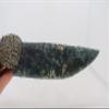 Flint Knapped Green Agate Knife Blade using Pressure Flake Techniques Hafted on Polished White Fiber Optic Glass Handle Using Crushed Pyrite-Includes Desert Cholla Cactus Wood Stand view 4
