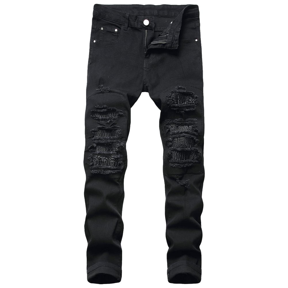 Men's Ripped Stretch Skinny Jeans Slim Fit Hip Hop Distressed Denim Pants Vintage Destroyed Zipper Jean Trousers (Black,36)