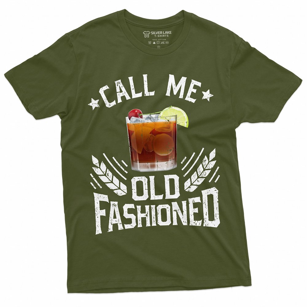 Men's Call me Old Fashioned Drinking Party Tshirt Fathers Day Whiskey on Rocks T-Shirt (X-Large Military Green)