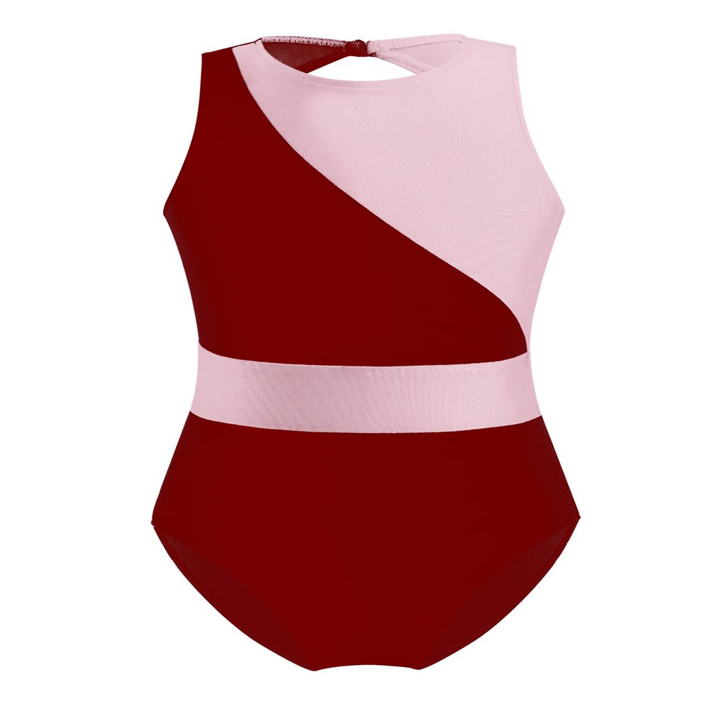 Agoky Color Block Gymnastics Leotard for Girls Keyhole Back Ballet Dance Unitard Bodysuit Fitness Outfit Jumpsuit Dancewear Burgundy&Pink 4 Years