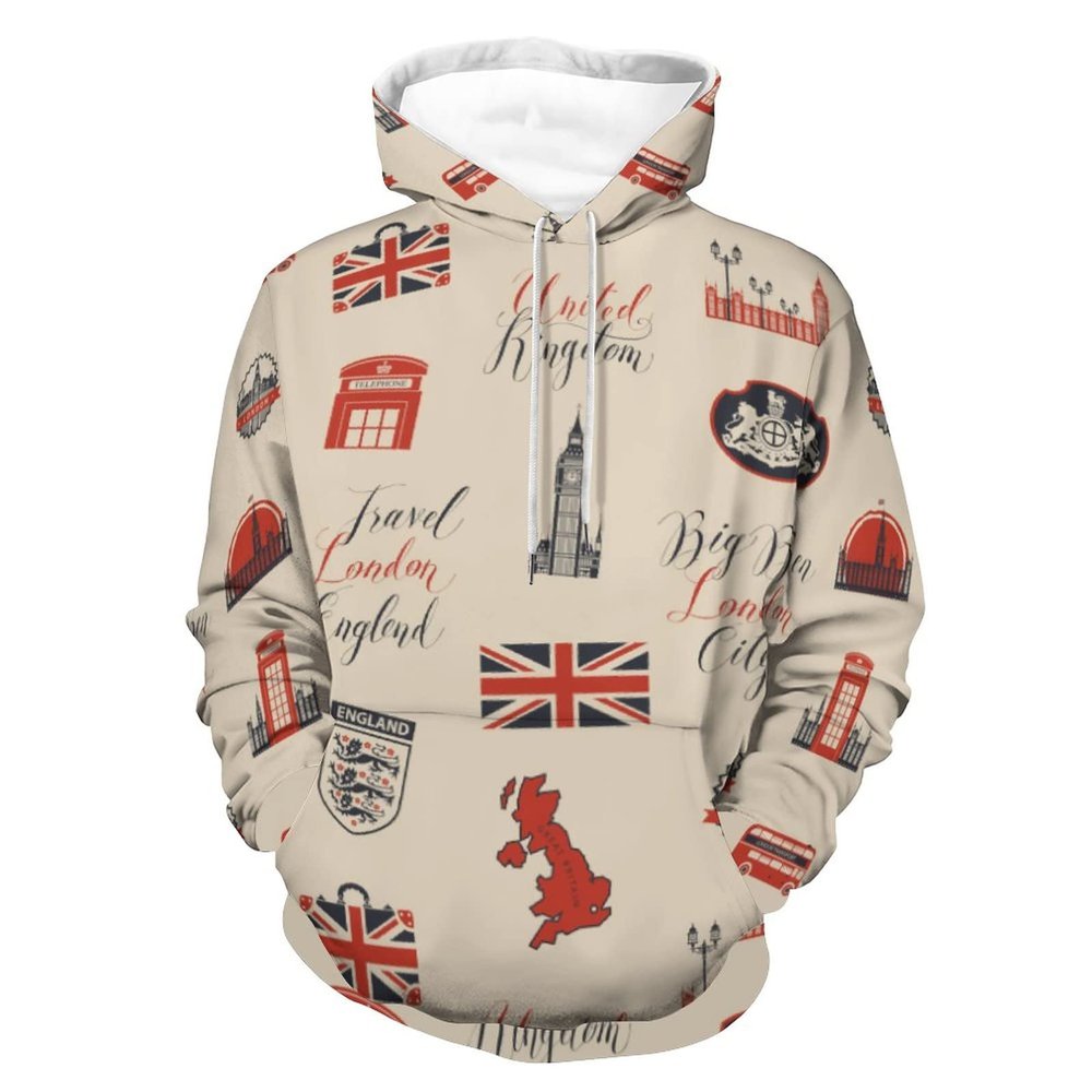 UK and London Theme with Inscriptions Unisex Hoodie Long Sleeve Drawstring Pullover Printed Hooded Sweatshirt with Pockets 4XL