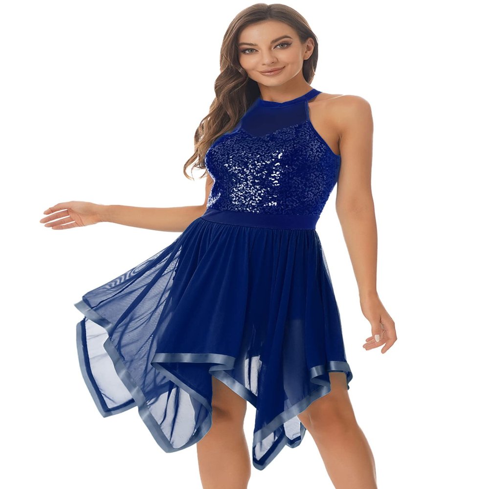 Aislor Womens Asymmetrical Dance Dress Hem Mesh Lyrical Dance Costume Performance Dresses Navy_Blue X-Large