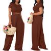YouSexy Casual Summer 2 Piece Outfits for Women Short Sleeve Crop Top High Waist Wide Leg Pants Sets view 3