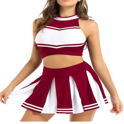 LiiYii Women's 2Pcs Cheer Leader Uniform Cosplay Role Play Outfits Crop Tops with Pleated Skirts WineRed Small