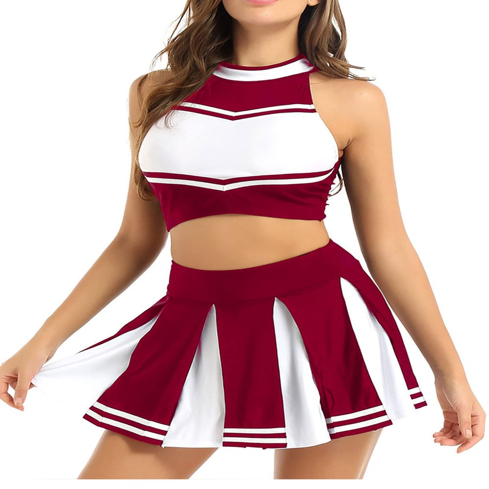 LiiYii Women's 2Pcs Cheer Leader Uniform Cosplay Role Play Outfits Crop Tops with Pleated Skirts WineRed Small