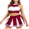 LiiYii Women's 2Pcs Cheer Leader Uniform Cosplay Role Play Outfits Crop Tops with Pleated Skirts WineRed Small view 1