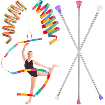 HyDren 5 Pcs Stainless Steel Twirling Baton with Dance Ribbons Rainbow Streamers Ribbon Dancer Wand Center Balanced Batons for Twirling for Dancing Band Gymnastic(26 Inch)