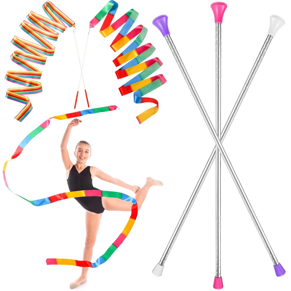 HyDren 5 Pcs Stainless Steel Twirling Baton with Dance Ribbons Rainbow Streamers Ribbon Dancer Wand Center Balanced Batons for Twirling for Dancing Band Gymnastic(26 Inch)
