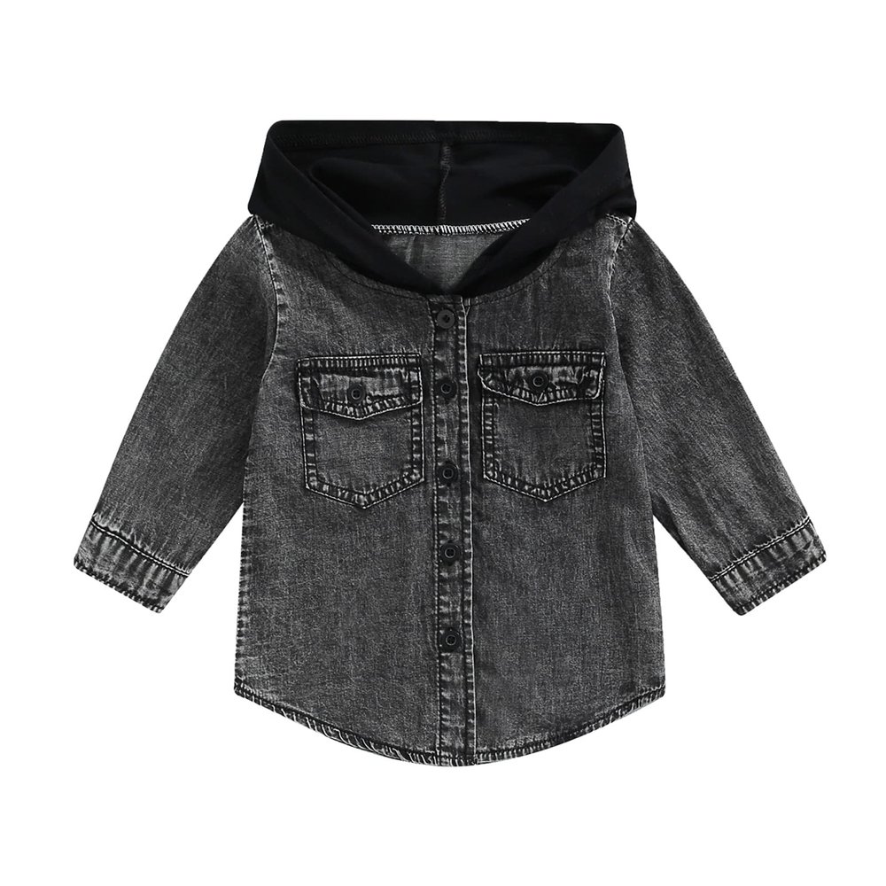 GOOCHEER Toddler Kids Baby Boy Girl Denim Jacket Long Sleeve Button Down Hooded Jean Jacket Fall Spring Coat Outerwear (Hooded Black, 3-4T)