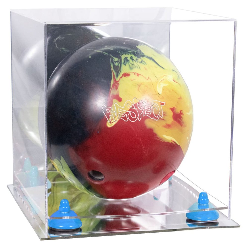Better Display Cases Acrylic Bowling Ball Display Case with Mirror Case, Light Blue Risers and Mirror Base (B33/A028)