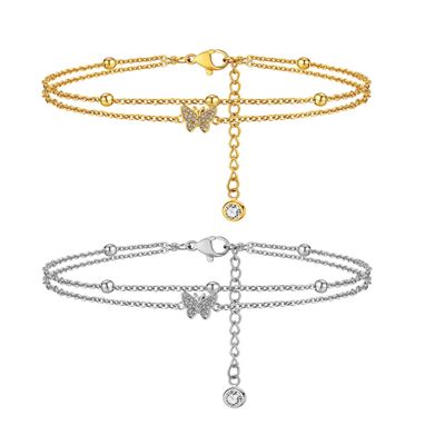 14k Gold Plated Butterfly Cubic Zirconia Dainty Link Anklet Beads Double Layered Bracelets Butterfly Anklet for Women Boho Beach Jewelry Gifts-Gold&Silver