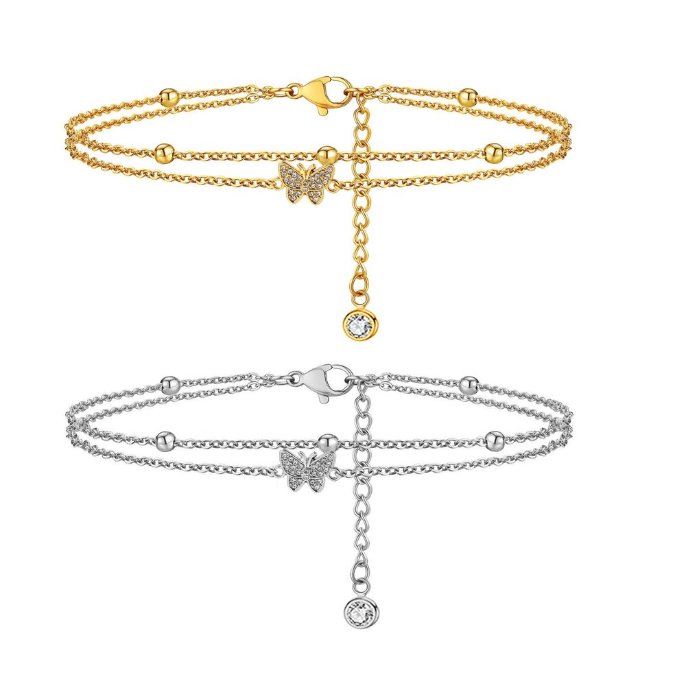 14k Gold Plated Butterfly Cubic Zirconia Dainty Link Anklet Beads Double Layered Bracelets Butterfly Anklet for Women Boho Beach Jewelry Gifts-Gold&Silver