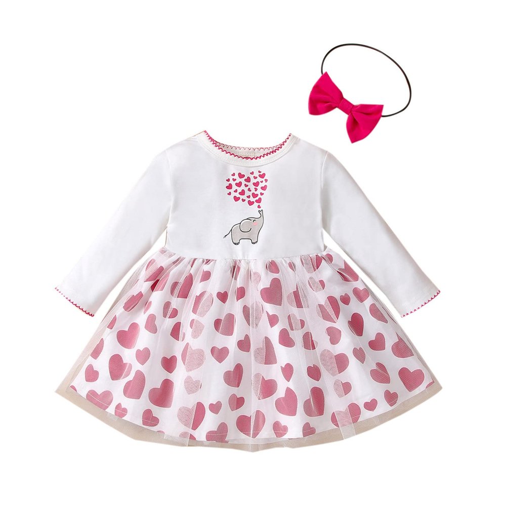 Baby Tulle Printed Valentine's Day Princess Party Toddler Cartoon Girls Heart Flower Outfits for (White, 12-18 Months)