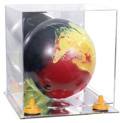 Better Display Cases Acrylic Bowling Ball Display Case with Mirror Case, Yellow Risers and Mirror Base (B33/A028)