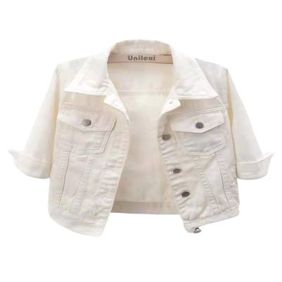 Unilexi Women's 3/4 Sleeve Colored Cropped Denim Jacket Light Wash Short Jean Jacket Trucker Coat(0096-White-M)