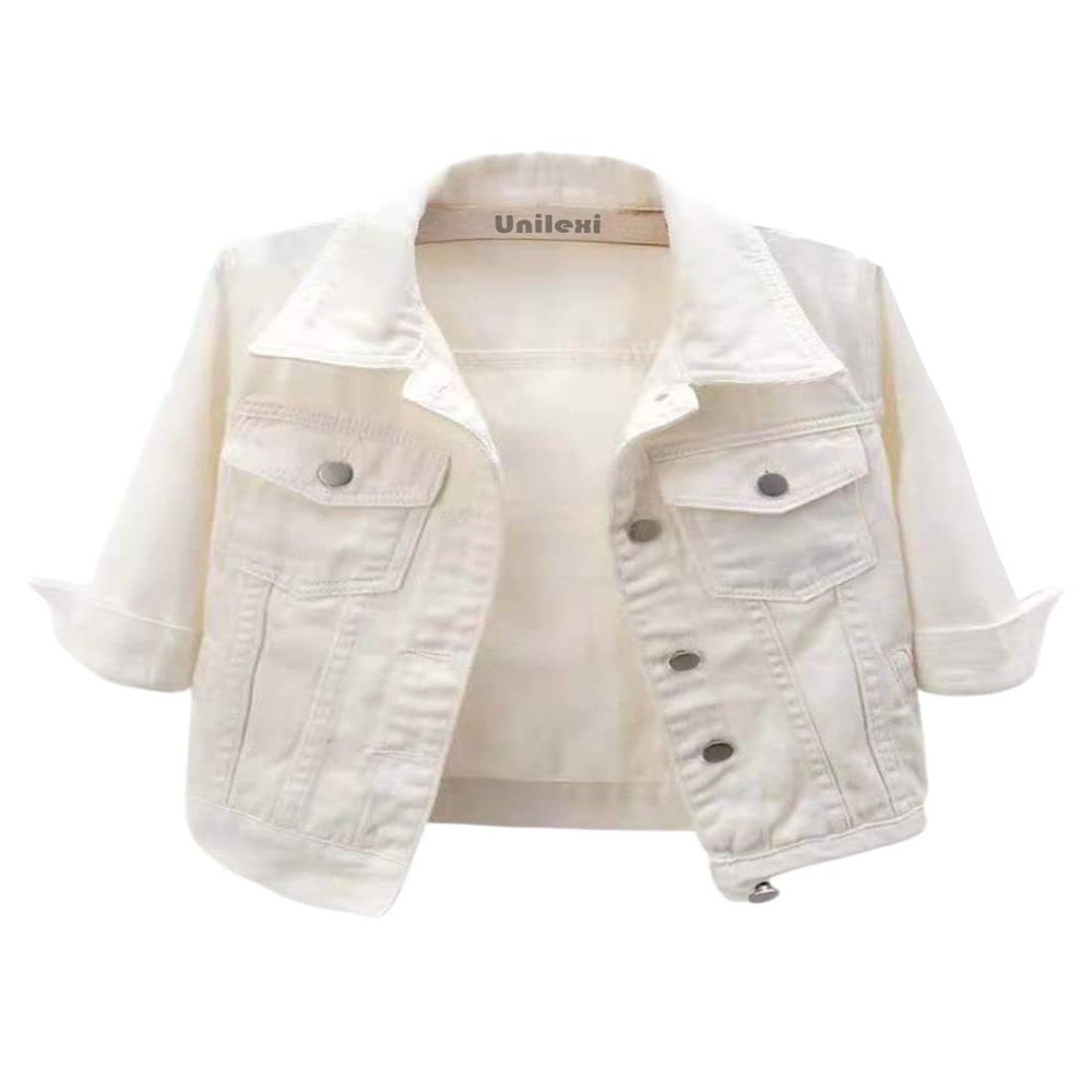 Unilexi Women's 3/4 Sleeve Colored Cropped Denim Jacket Light Wash Short Jean Jacket Trucker Coat(0096-White-M)