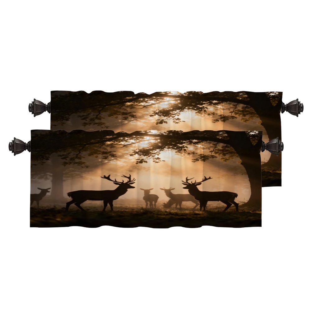 BaoNews Khaki Animal Deer Kitchen Valances for Windows,Forest Blackout Valances Curtains Multilayer Polyester Drapes for Kitchen Bedroom 2 Pack 52X16 Inches