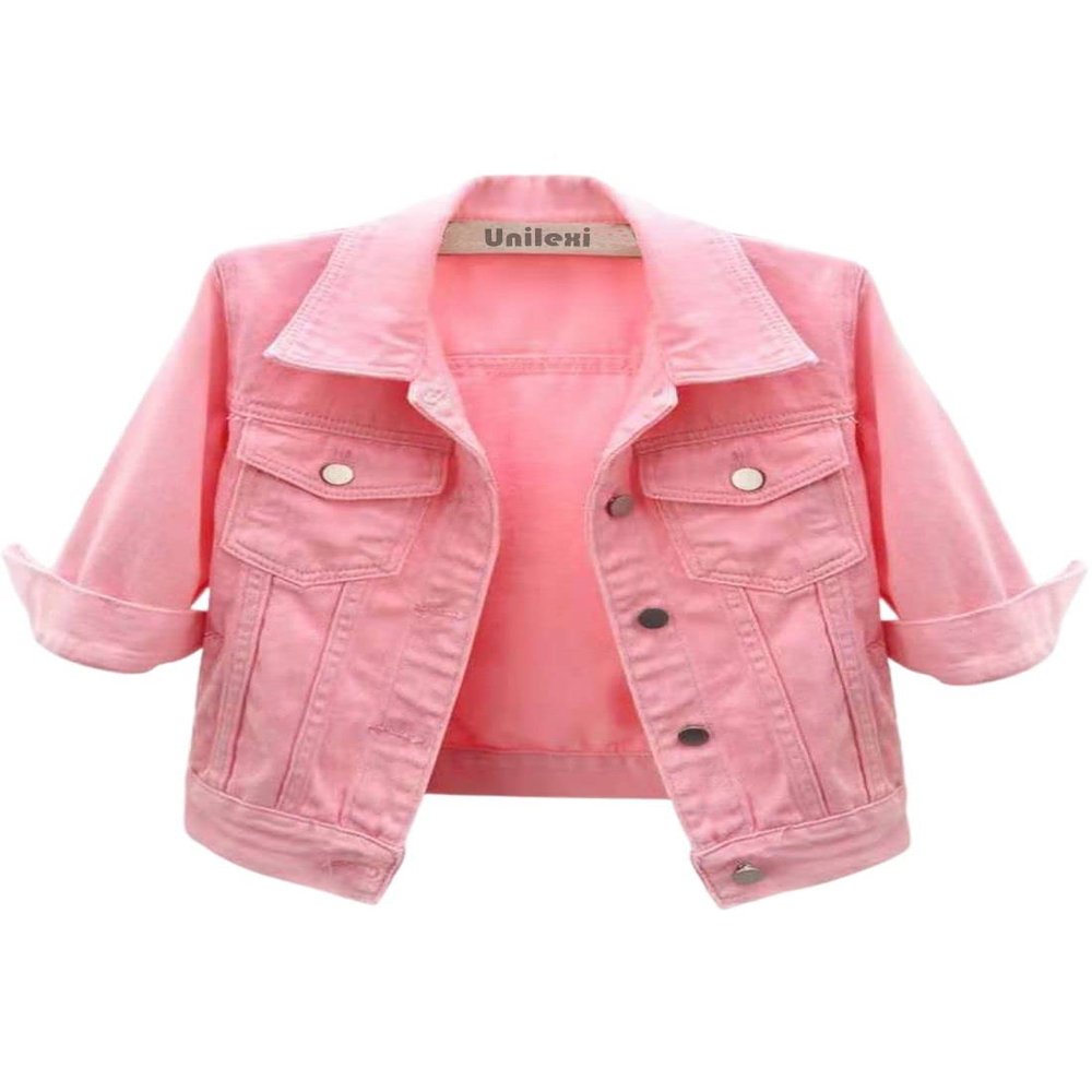 Unilexi Women's 3/4 Sleeve Colored Cropped Denim Jacket Light Wash Short Jean Jacket Trucker Coat(0096-Pink-S)