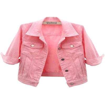 Unilexi Women's 3/4 Sleeve Colored Cropped Denim Jacket Light Wash Short Jean Jacket Trucker Coat(0096-Pink-L)