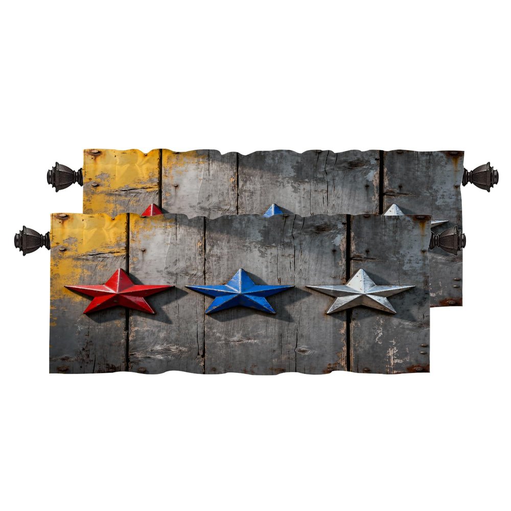 BaoNews Red White Blue Stars Country Kitchen Valances for Windows,Grunge Grey White Wood Blackout Valances Curtains Multilayer Polyester Drapes for Kitchen Bedroom 2 Pack 52X16 Inches
