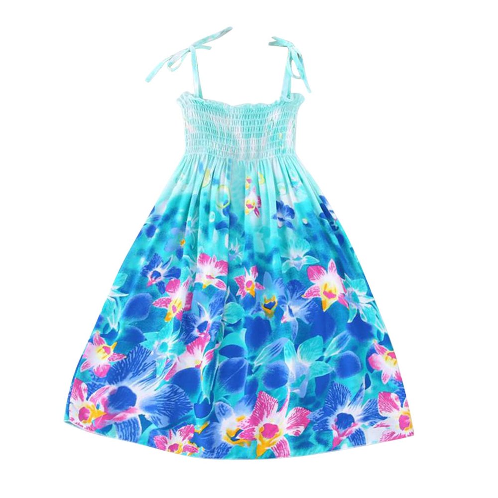 AnFeng Girl's Cute Sleeveless Dress Pleated Waist Loose Casual Dress Summer Floral Printed Dresses Ruffle Skirt (Blue, 5 Years)