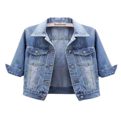Unilexi Women's 3/4 Sleeve Colored Cropped Denim Jacket Light Wash Short Jean Jacket Trucker Coat(0096-LightBlue-S)