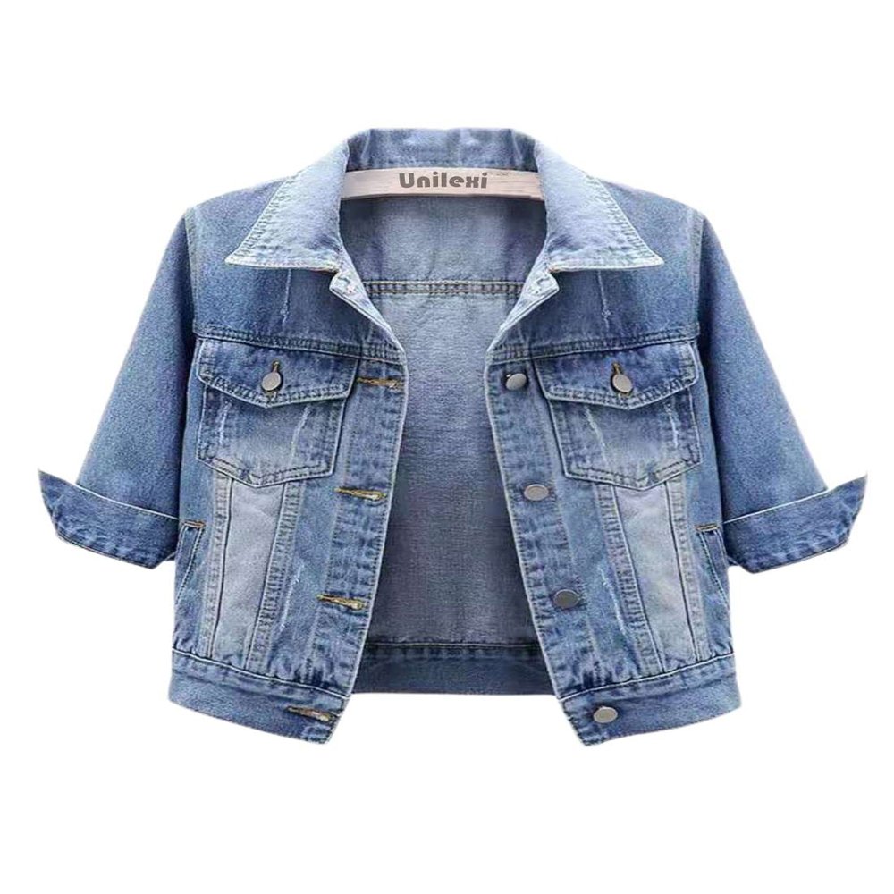 Unilexi Women's 3/4 Sleeve Colored Cropped Denim Jacket Light Wash Short Jean Jacket Trucker Coat(0096-LightBlue-S)