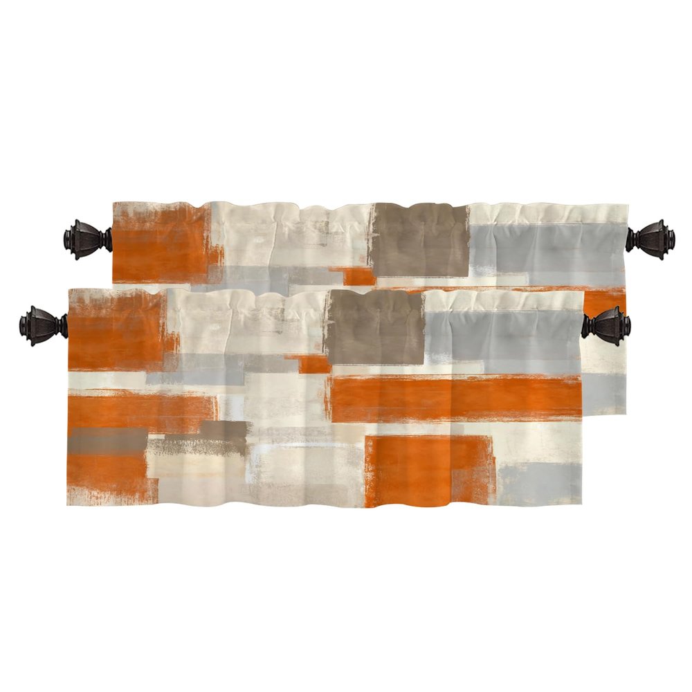 BaoNews Beige Abstract Art Kitchen Valances for Windows,Orange Painting Blackout Valances Curtains Multilayer Polyester Drapes for Kitchen Bedroom 2 Pack 52X16 Inches