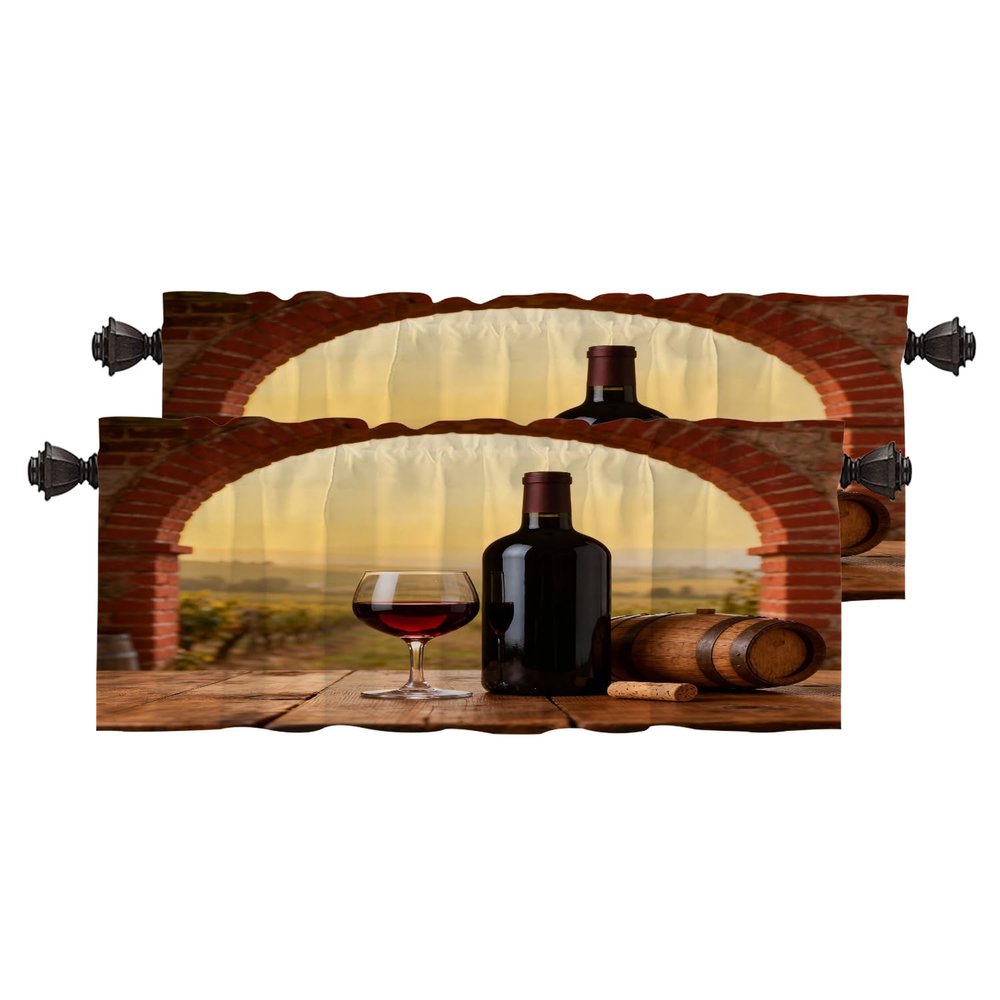 BaoNews Red Romantic Wine Kitchen Valances for Windows,Khaki Elegant Wine Glass Blackout Valances Curtains Multilayer Polyester Drapes for Kitchen Bedroom 2 Pack 52X16 Inches