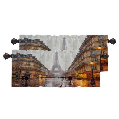 BaoNews Pink Black Europe Oil Painting Kitchen Valances for Windows,Gray Modern Eiffel Tower Blackout Valances Curtains Multilayer Polyester Drapes for Kitchen Bedroom 2 Pack 52X16 Inches