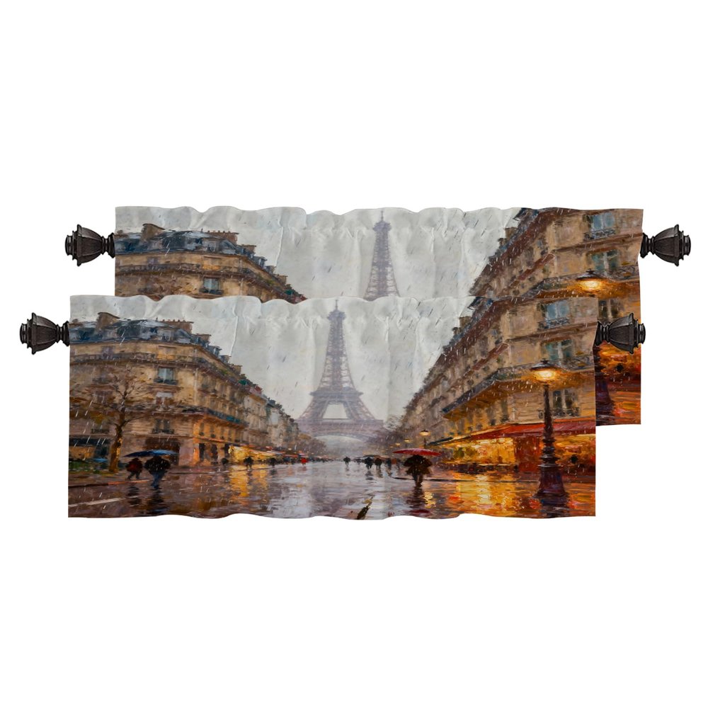 BaoNews Pink Black Europe Oil Painting Kitchen Valances for Windows,Gray Modern Eiffel Tower Blackout Valances Curtains Multilayer Polyester Drapes for Kitchen Bedroom 2 Pack 52X16 Inches