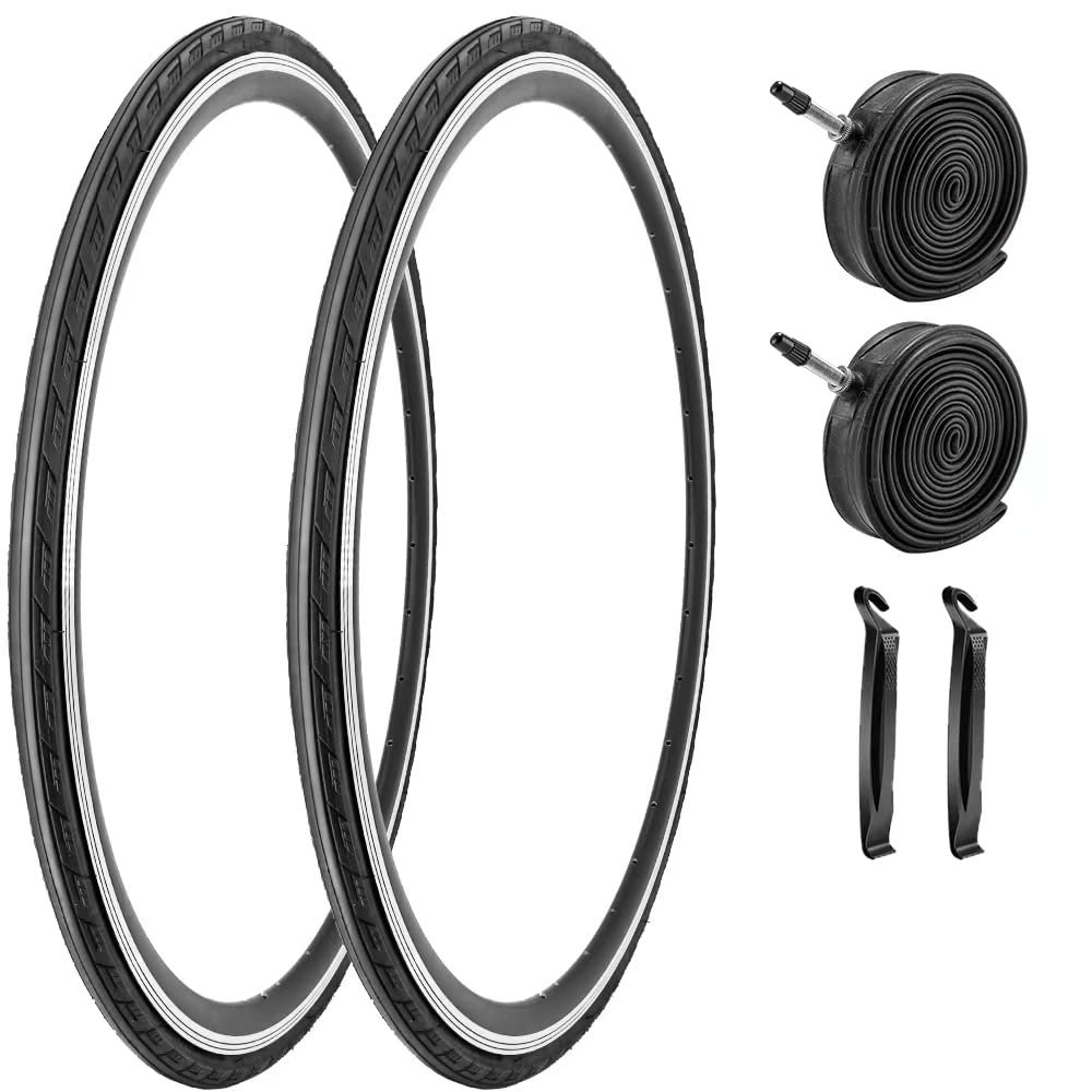 2 Pack 700x23C/25C/28C/35C/38C Bike Tires Plus Bike Inner Tubes Presta Valve 48mm or Schrader Valve 48mm Foldable Replacement Tires for Road Bicycle (700 X 25C 60TPI)