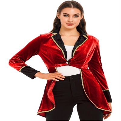 Huimingda Womens Velvet Circus Ringmaster Show Lapel Blazers Jacket Adults Showman Tailcoat Costume Red X-Large
