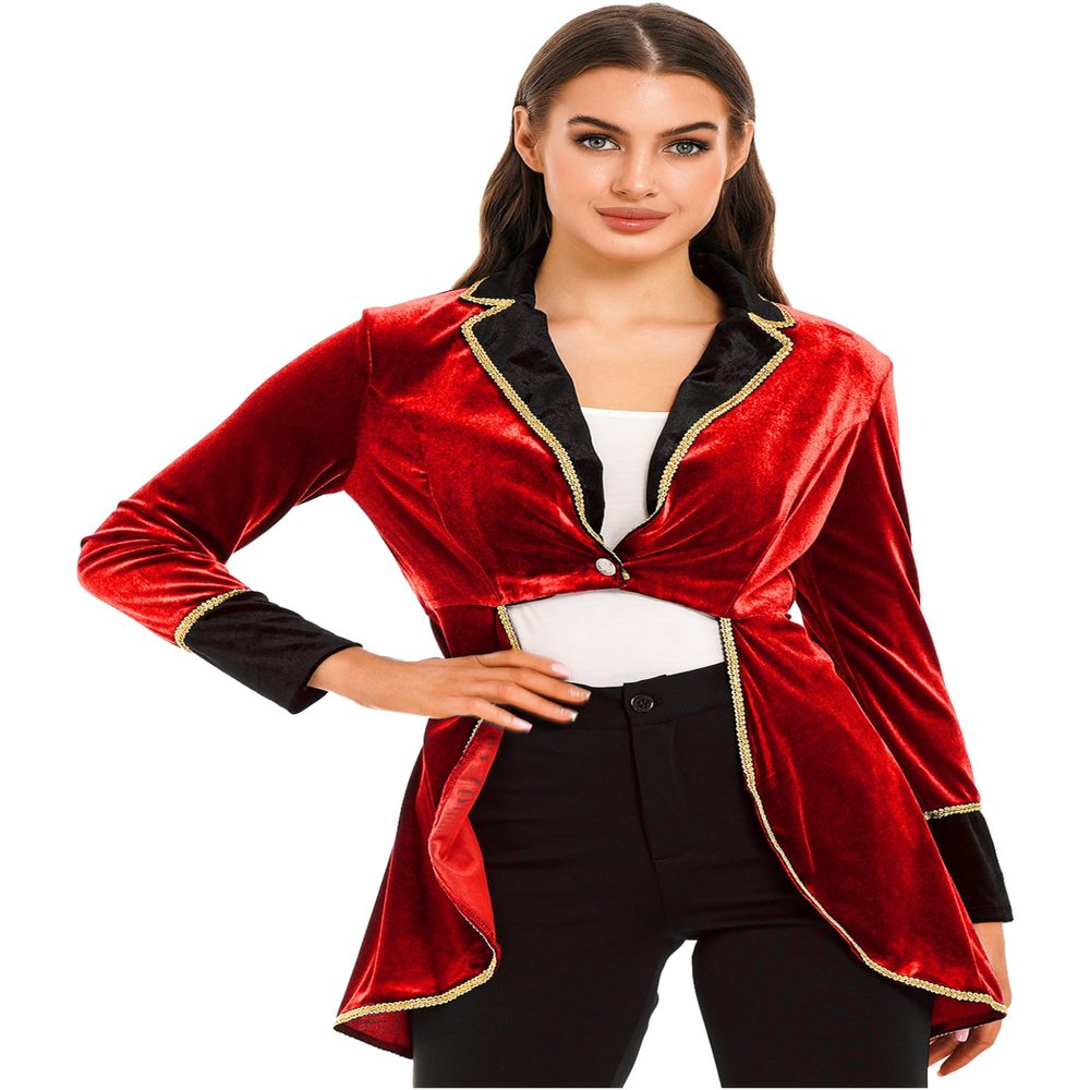 Huimingda Womens Velvet Circus Ringmaster Show Lapel Blazers Jacket Adults Showman Tailcoat Costume Red X-Large
